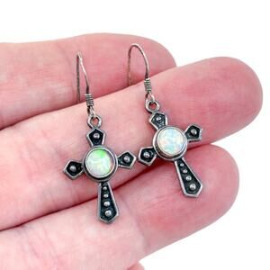 Vintage Sterling Silver 925 Opal Inlay Cross Dangle Earrings